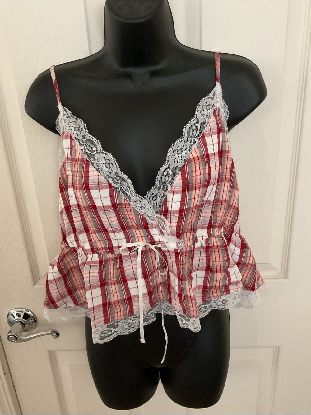 American Eagle Outfitters Red and White Plaid Lace-Trim Cami